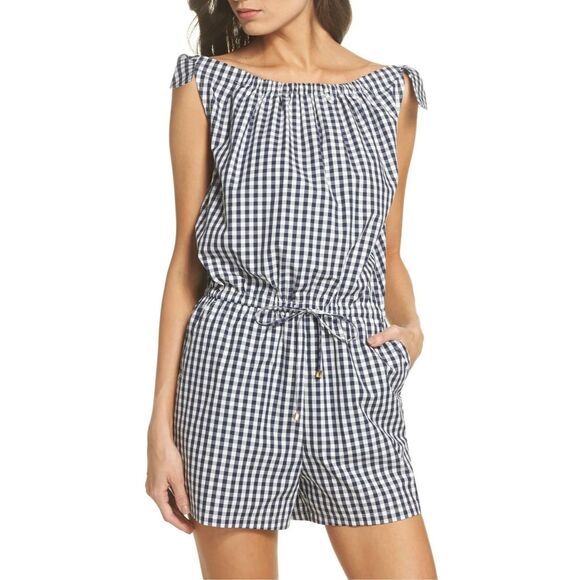 Tory Burch sleeveless boatneck romper navy gingham size large - Picture 1 of 11
